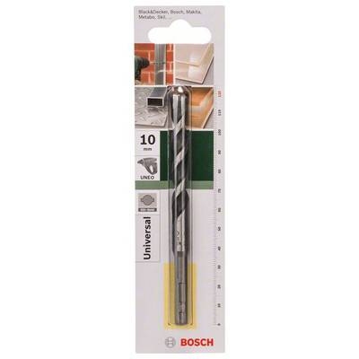 'Bosch Universalbohrer 10 mm' in Originalverpackung mit Beispieleinsatz. Passend für verschiedene Bohrmaschinenmarken.