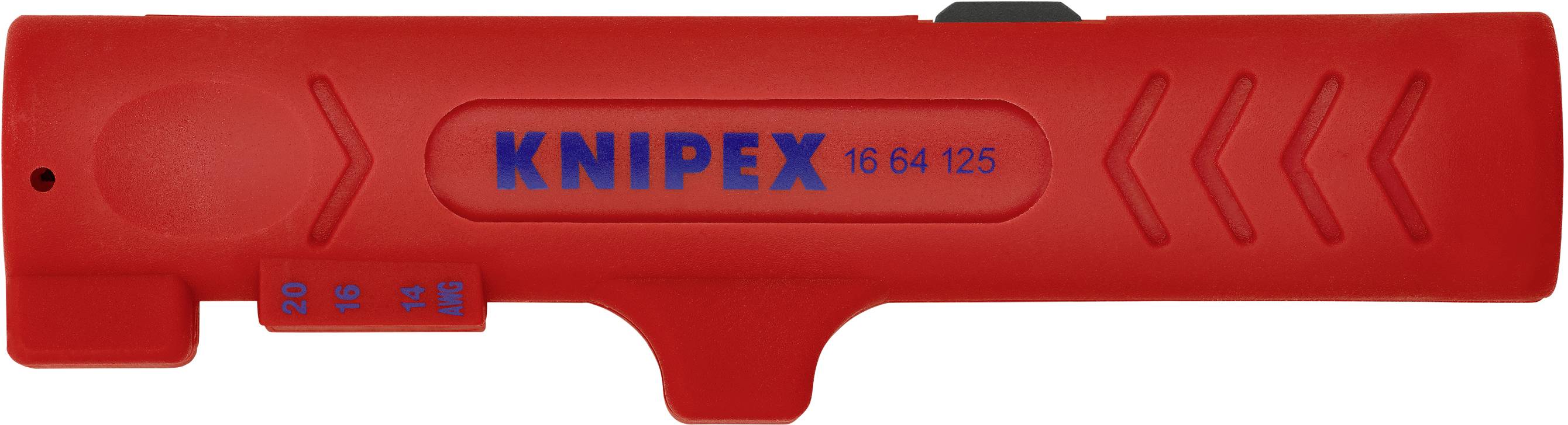 Rotes Werkzeug 'KNIPEX 16 64 125', vermutlich ein Abisolierer, mit Skala für Drahtstärken 14-20, zeigt Richtungspfeile.
