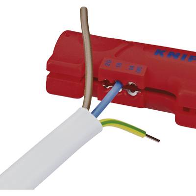 Ein rotes Abisolierwerkzeug entfernt die Isolierung von einem Kabel mit blauen, gelben und braunen Drähten darin.