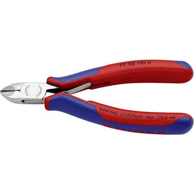 Seiten-Schneiderzange aus Stahl mit roten und blauen Griffen. Text auf den Griffen: 'KNIPEX Germany', 'hard max 0,1 Piano max 0,6 mm'.