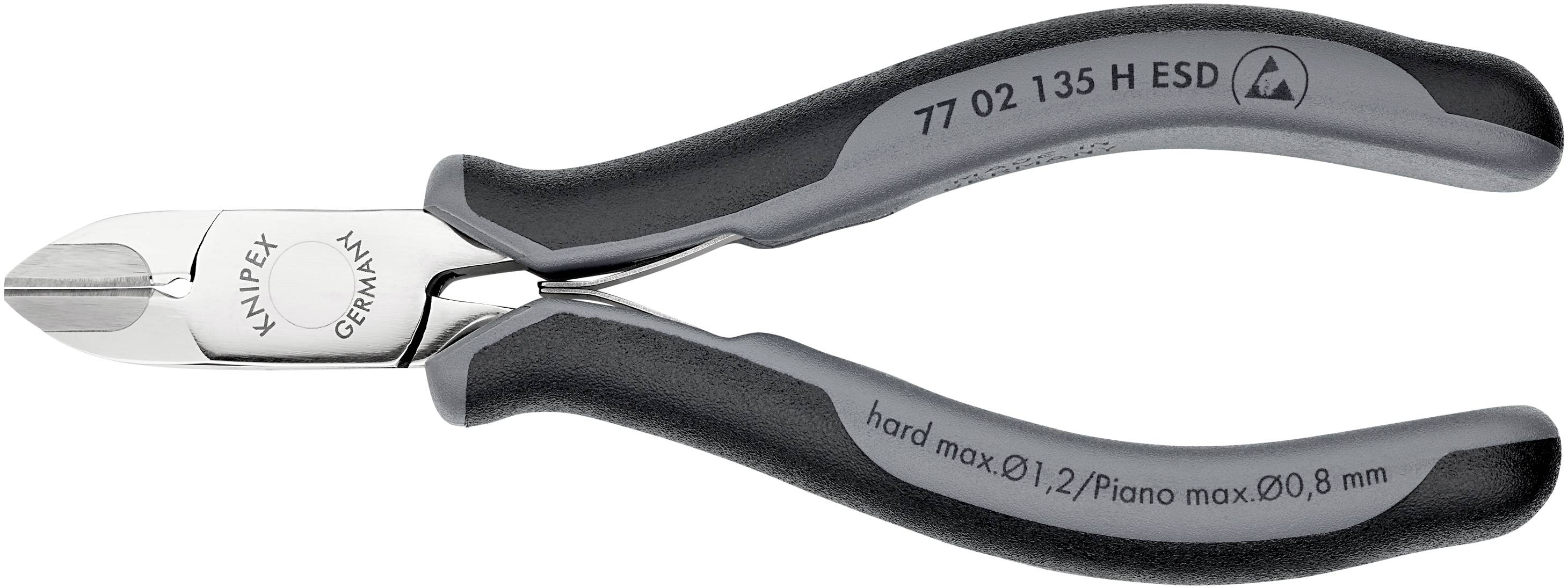 Seitenschneider der Marke Knipex, Modell 77 02 135 H ESD, geeignet für Drahtdurchmesser von maximal 1,2 mm, mit grauen Griffen.