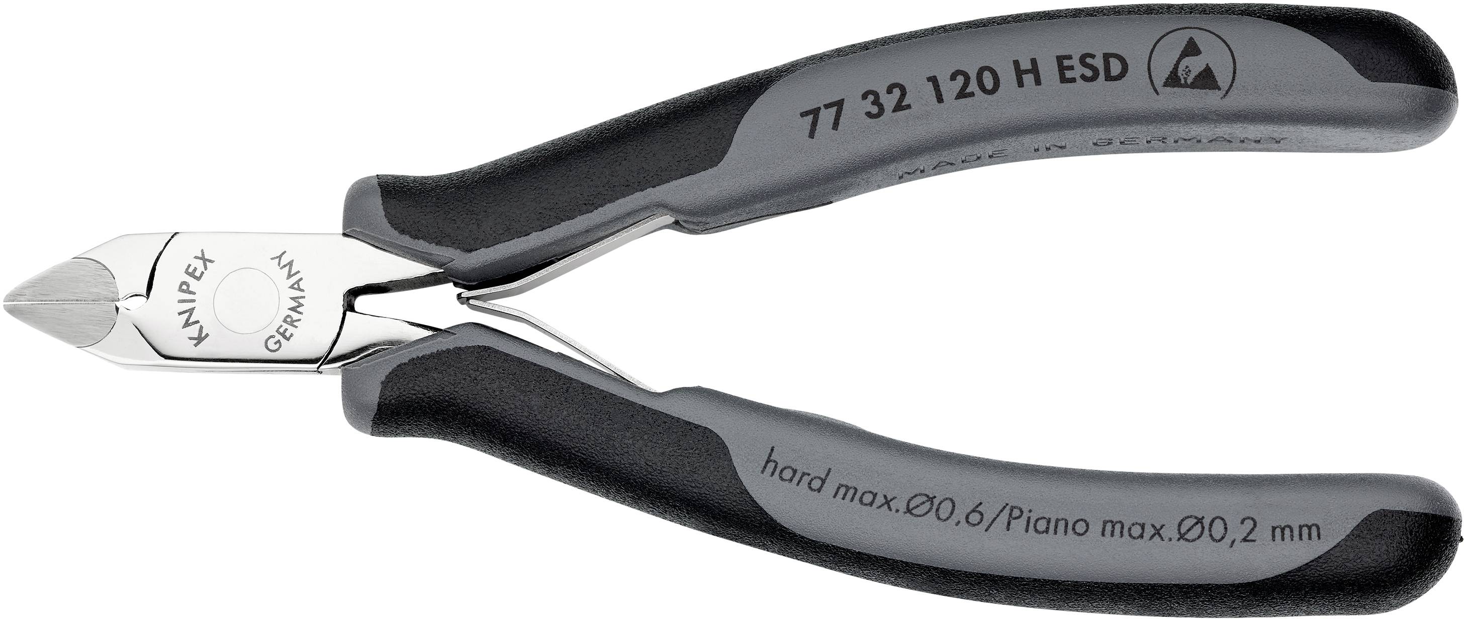Eine schwarze und graue Elektronikzange der Marke Knipex mit Aufschrift '77 32 120 H ESD'.