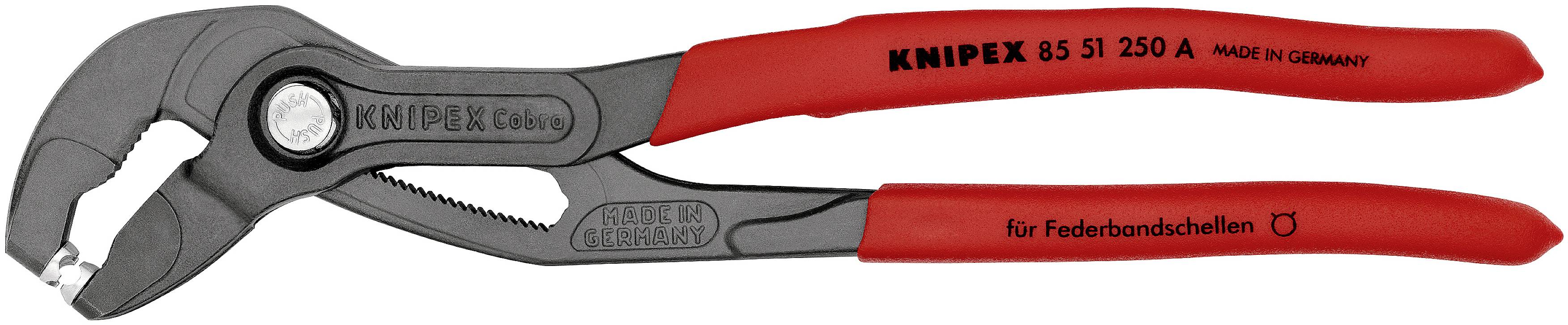 Rote KNIPEX Federbandschellezange, Modell 85 51 250 A, hergestellt in Deutschland, geeignet für Arbeiten an Federbandschellen.