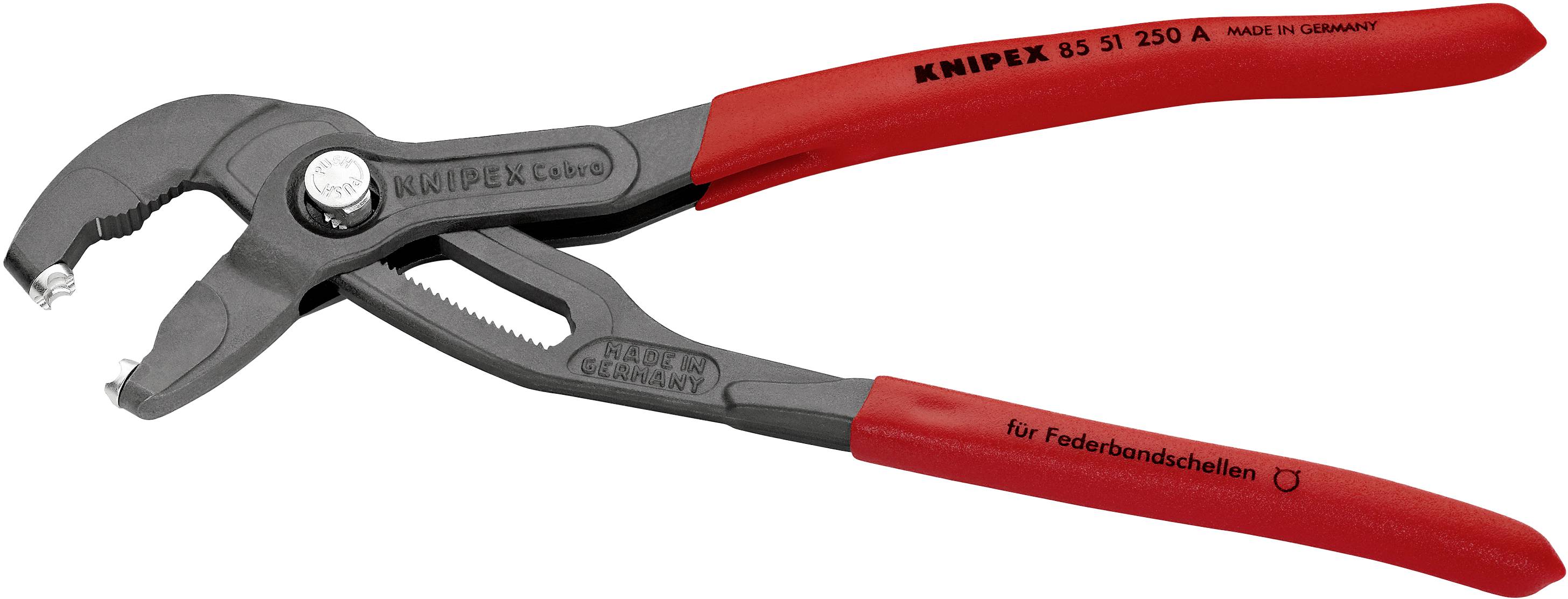Eine rote Wasserpumpenzange aus Metall mit verstellbaren Backen. Aufschrift: 'Knipex 85 51 250 A' und 'für Federschellen'.
