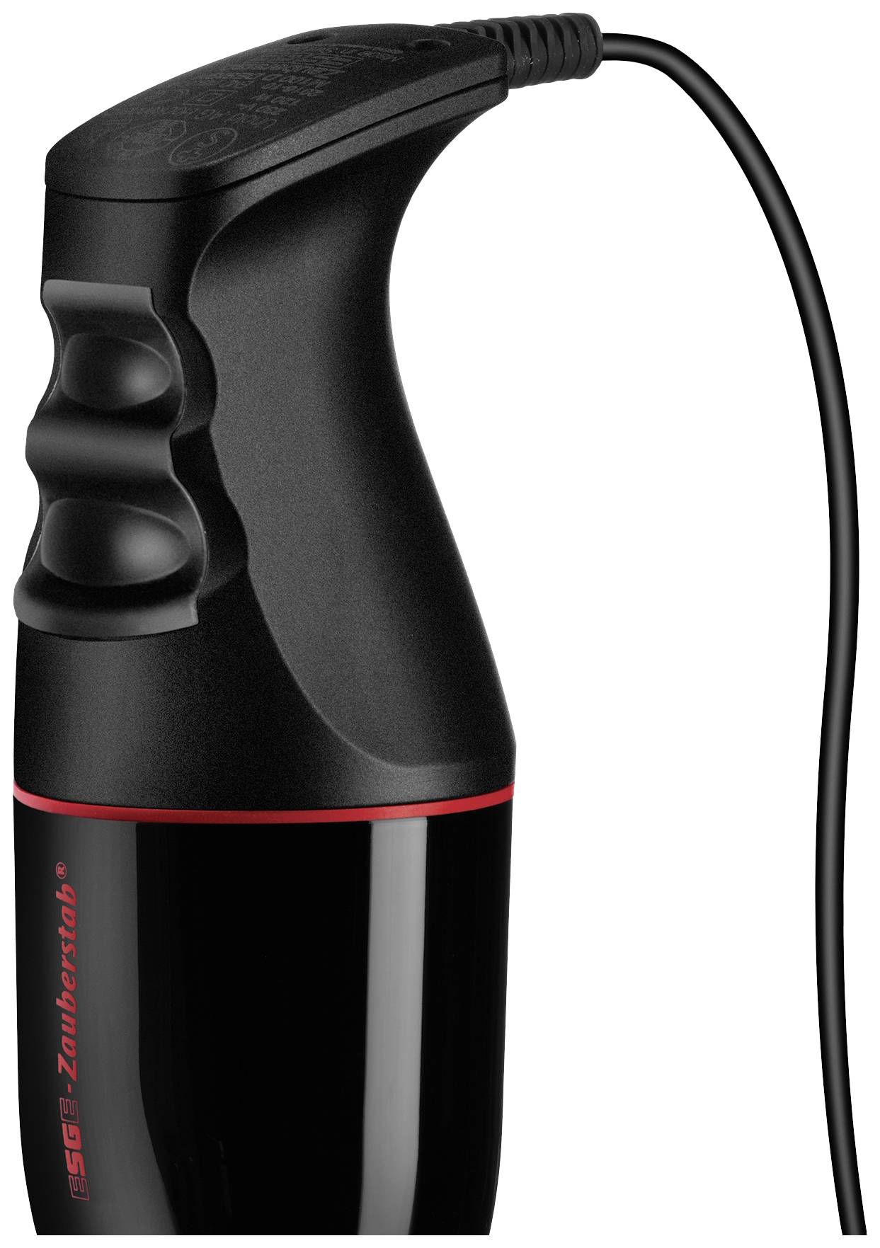 Ein schwarzer Stabmixer mit ergonomischem Griff und Netzkabel, seitlich mit dem Schriftzug 'ESGE-Zauberstab'.