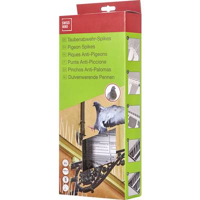Taubenabwehr-Spikes Karton mit Installationsanleitung für vielseitige Spikes zur Taubenabwehr. Zeigt Bilder von Spikeinstallationen und einer fliegenden Taube.