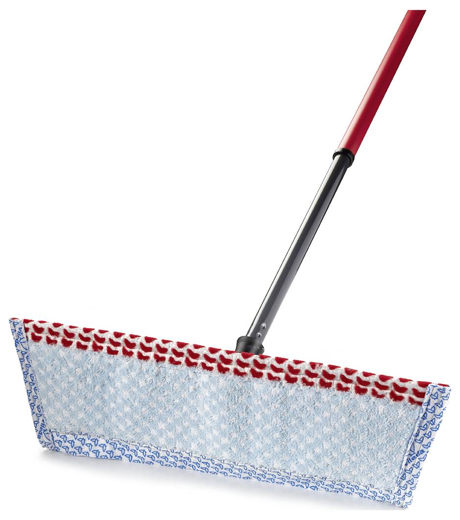 Ein Mopp mit rotem Griff und blauem Mikrofaser-Pad auf weißem Hintergrund.