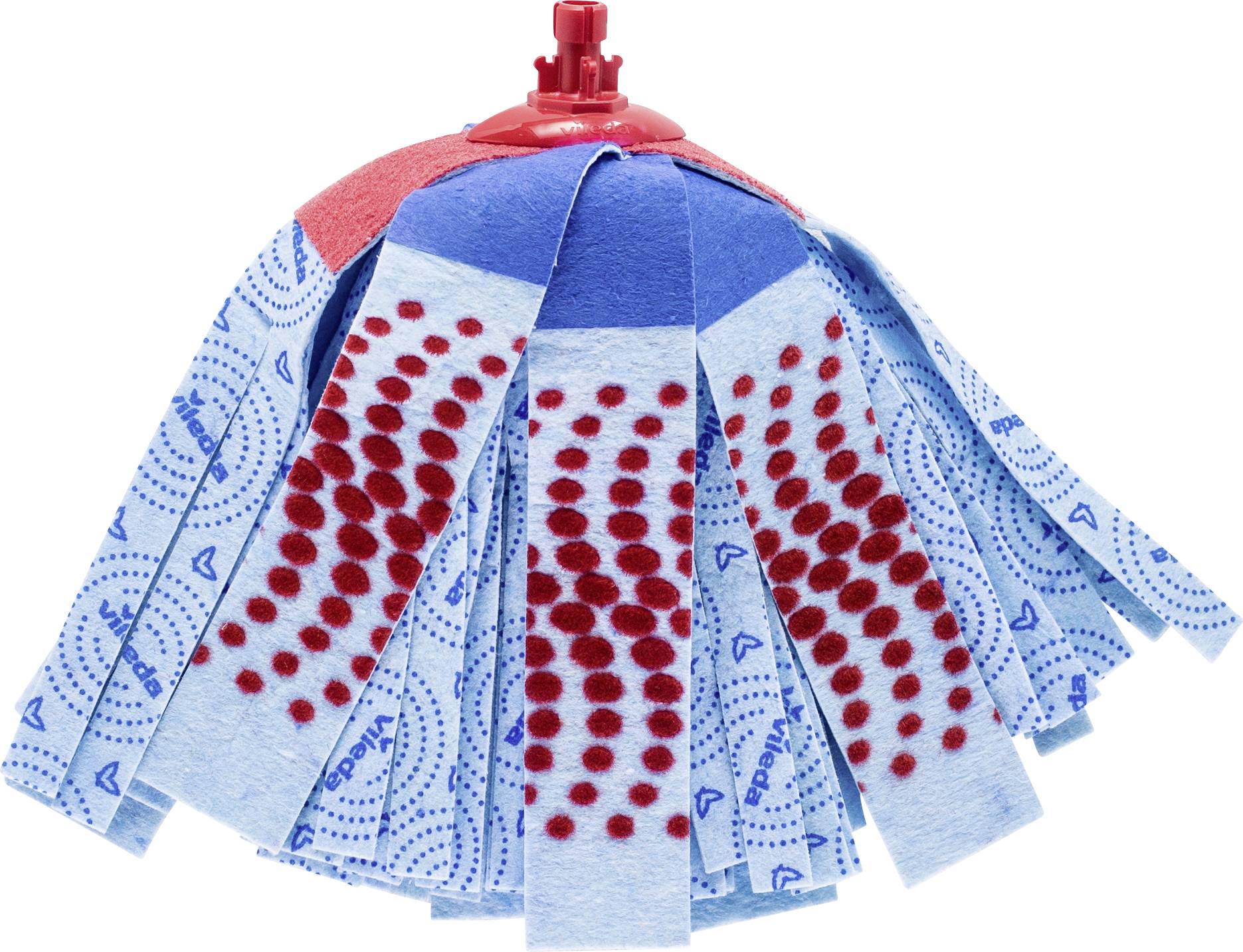 Ein rot-blauer Wischmop mit roten Punkten auf den blauen Streifen, die aus saugfähigem Material bestehen.