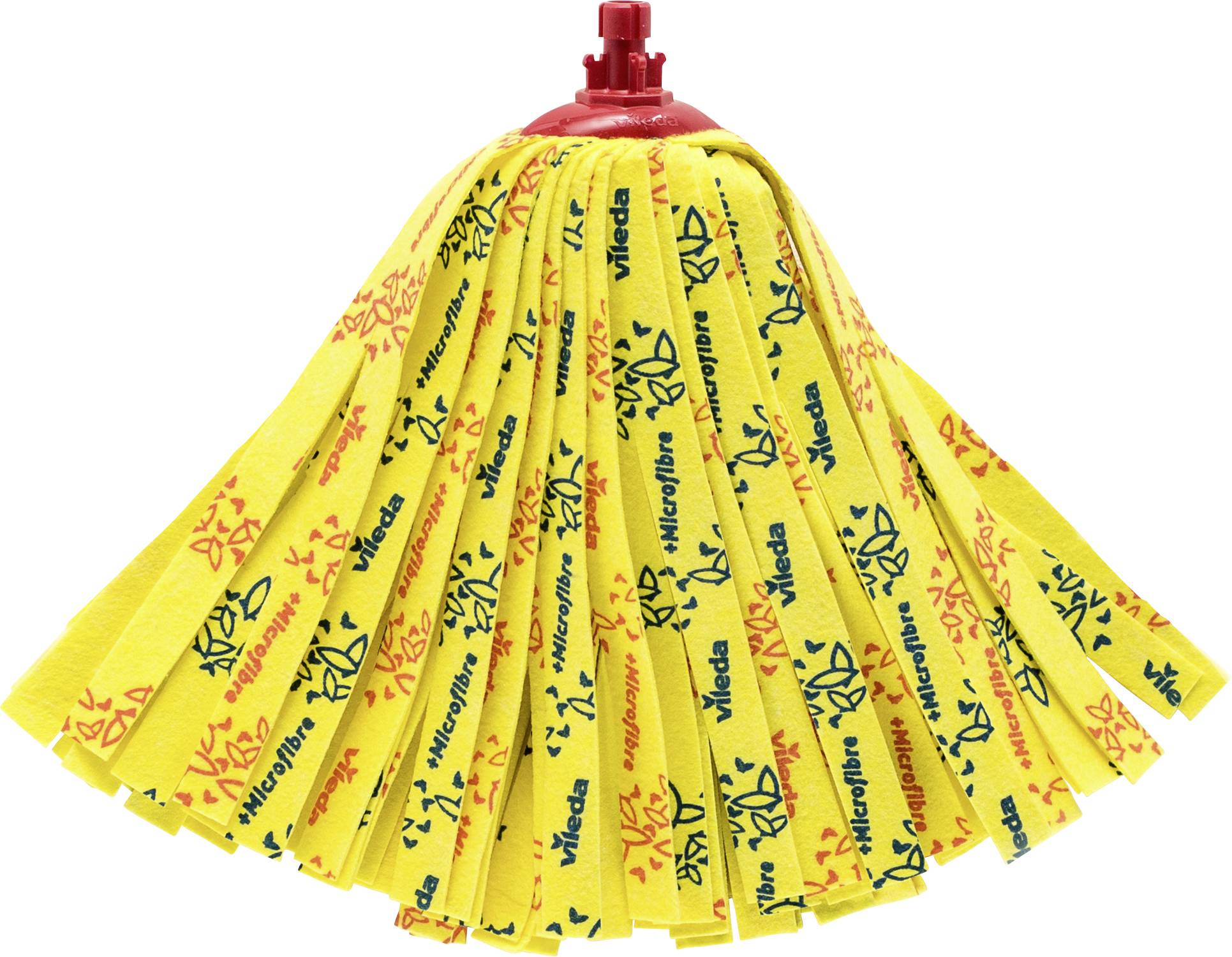 Ein gelber Wischmop mit roten und blauen Mustern, eingesteckt in einen roten Kunststoffhalter.