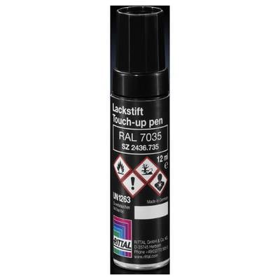 Schwarzer Lackstift mit der Aufschrift 'Lackstift Touch-up pen RAL 7035'. Enthält Gefahrenpiktogramme und Firmenlogo. Volumen: 12 ml. Herkunft: Deutschland.