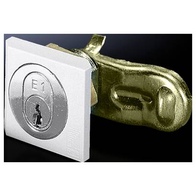Schließmechanismus mit quadratischem Metallverschluss und Schlüsselöffnung, auf dunklem Hintergrund.