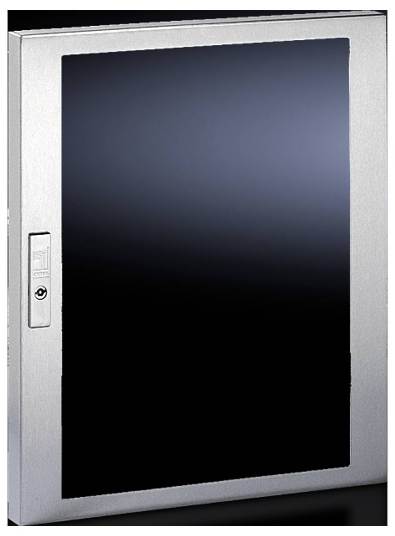 Metallschrank mit Glastür, dunkel getönt. Die Tür hat einen Griff und ein Schloss an der Seite. Reflektiert Licht leicht.