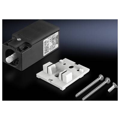 Ein schwarzes elektrisches Bauteil, eine weiße Montageschiene und zwei silberne Schrauben auf schwarzem Hintergrund.