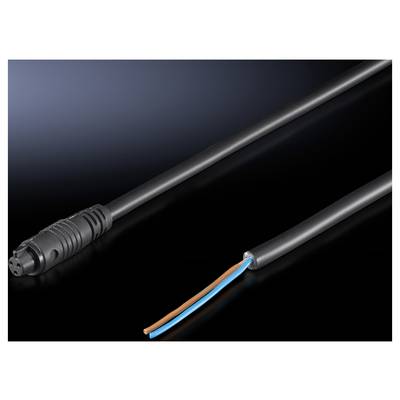 Schwarzes Elektrokabel mit einer Steckverbindung und Enden, die zwei Drähte zeigen: ein blauer und ein brauner.