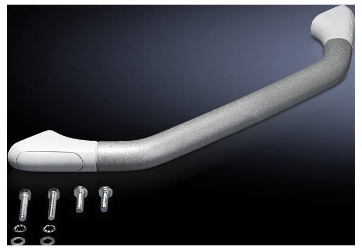 Metallgriff in L-Form mit Montageschrauben auf dunklem Hintergrund. Verwendet für industrielle Maschinen.