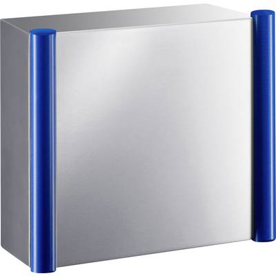 Ein Edelstahlgehäuse mit blauen, zylindrischen Seitenteilen.