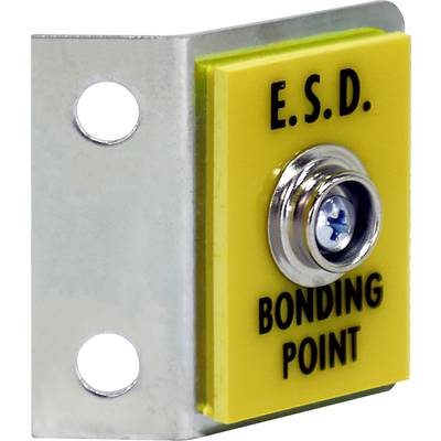Metallwinkel mit gelbem Schild 'E.S.D. Bonding Point'; dient zur Ableitung elektrostatischer Aufladung, zwei Montierlöcher.