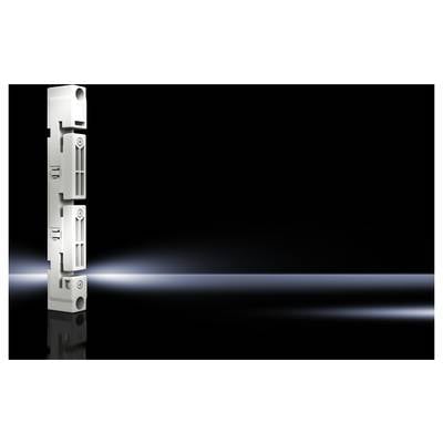 Ein weißes, vertikales elektrisches Bauteil steht auf einem glänzenden schwarzen Hintergrund mit einem Lichtstrahl dahinter.