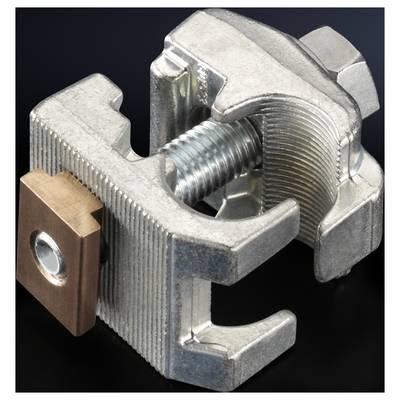 Metallklemme mit Schraubgewinde und Kupferplatte, vor schwarzem Hintergrund. Verwendet zum Verbinden und Befestigen von Materialien.