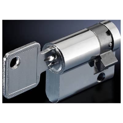 Ein Metallschließzylinder mit eingesetztem Schlüssel, geeignet für Türschlösser in Sicherheitsanwendungen.