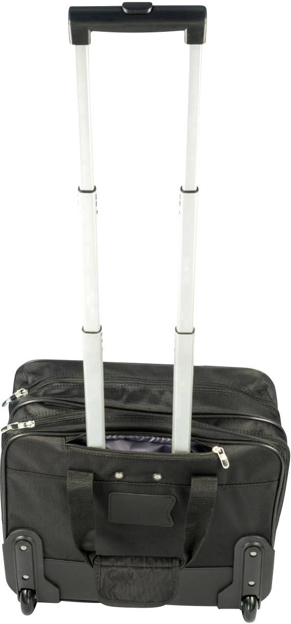 Schwarzer Rollkoffer mit ausgezogenem Griff, von hinten gesehen. Zwei sichtbare Reißverschlüsse an der Oberseite.