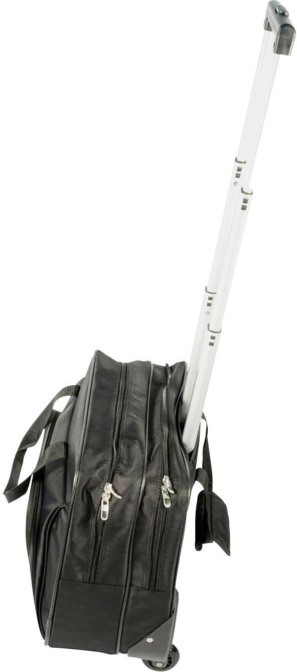Schwarze Trolley-Tasche mit ausziehbarem Griff und zwei Reißverschlusstaschen, seitlich gesehen.
