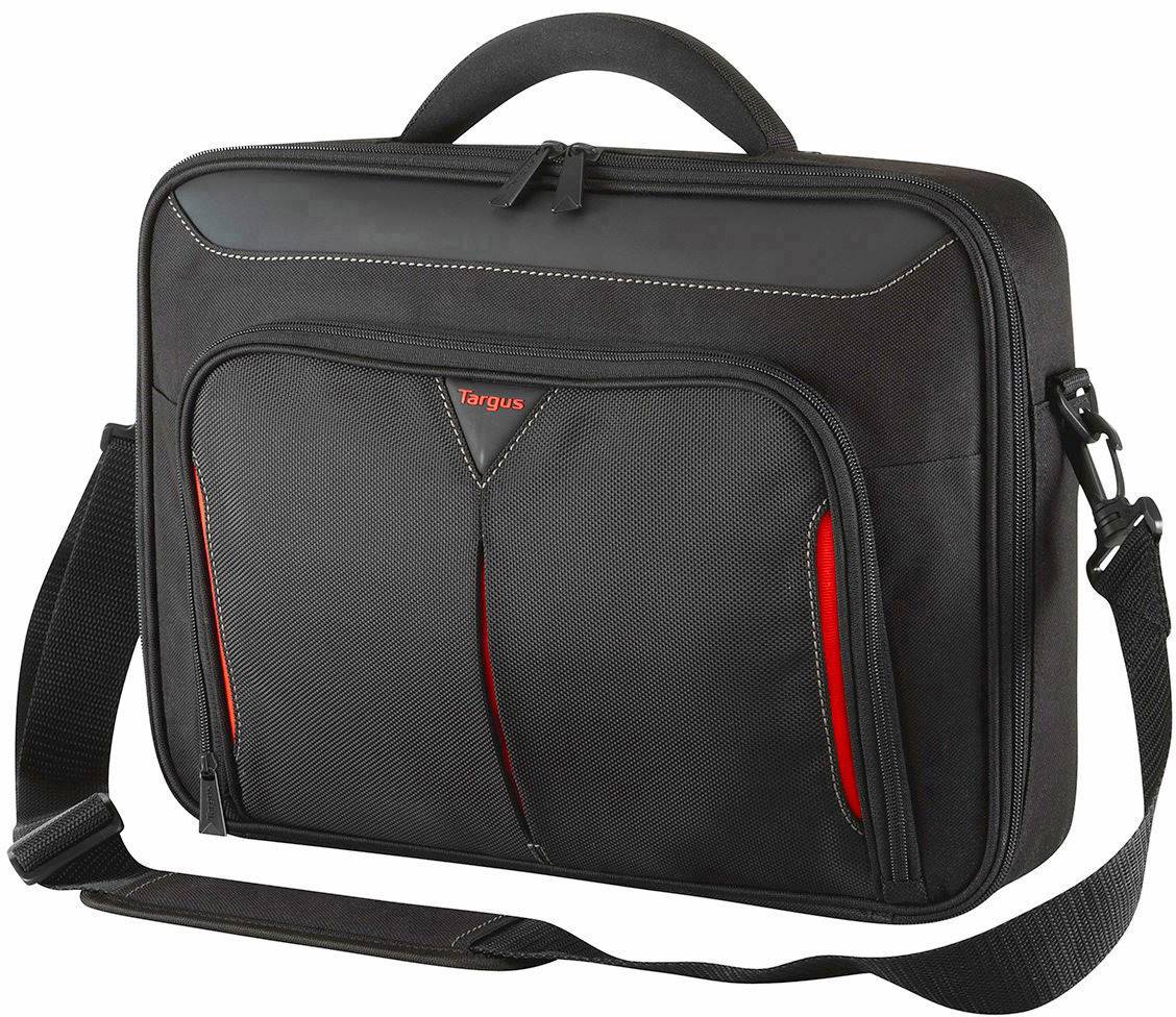 Eine schwarze Laptoptasche mit Tragegriff und Schulterriemen, zwei Reißverschlussfächern und roten Akzenten, geeignet für Businessreisen.
