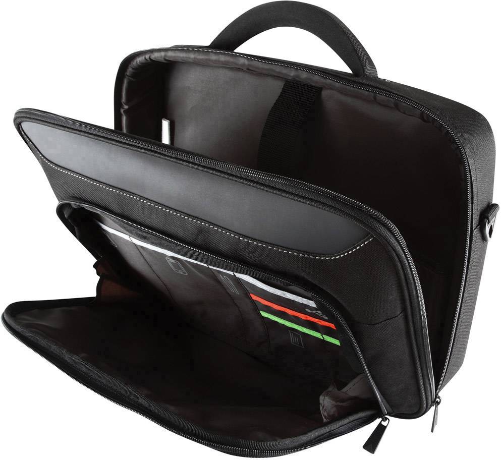 Eine geöffnete schwarze Laptoptasche mit Tragegriff. Im Inneren sind Fächer für Dokumente und ein Laptop sichtbar.