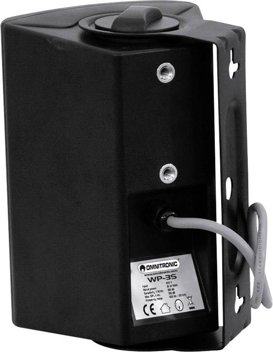 Schwarzes, rechteckiges Gehäuse mit Kabel und Schalter, beschriftet mit 'OMNITRONIC WP-35', an einer Montagehalterung angebracht.