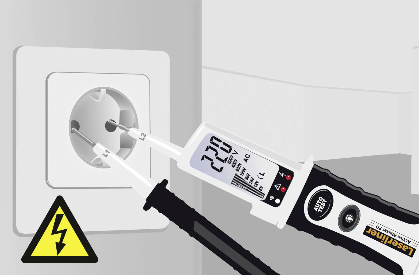 Ein Spannungsprüfer misst die Spannung einer Steckdose. Ein Warnsymbol mit Blitz zeigt auf elektrische Gefahr hin.