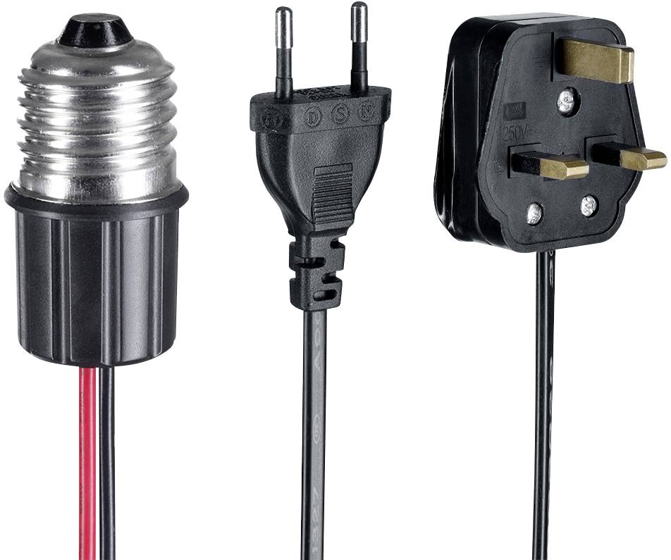 'Drei Steckertypen': E27 Lampenfassung, Eurostecker und britischer Dreipolstecker, jeweils mit ihrem spezifischen Design und Anschluss.