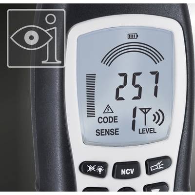 Ein digitales Messgerät zeigt 'Code 1, Sense, Level' sowie eine große Zahl 257 auf dem Display. Enthält Sensortasten unten.