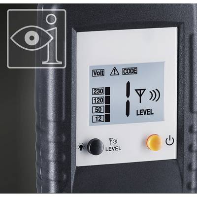 Digitalanzeige zeigt 'Volt 230 120 50 12', 'CODE', Symbol mit Antenne und '1 LEVEL'. Orangefarbene Taste daneben.