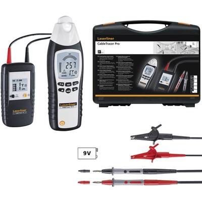 'Laserliner CableTracer Pro' mit Empfänger, Sender, Koffer und Zubehör zur Kabelverfolgung. Gerätedisplays zeigen Zahlen und Symbole.