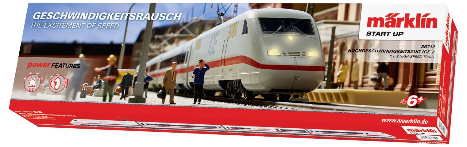 'Modelleisenbahn-Set von Märklin Start Up für Kinder ab 6 Jahren, zeigt einen ICE-Zug auf einer Modellbahnanlage mit Figuren.'