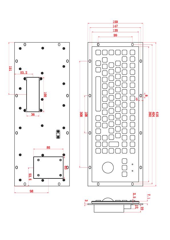 Technische Zeichnung einer Tastatur mit Abmessungen in Millimetern. Vorder- und Seitenansicht zeigen Tastenlayout und Montagepunkte.