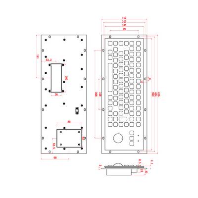 Technische Zeichnung einer Tastatur mit Abmessungen in Millimetern. Vorder- und Seitenansicht zeigen Tastenlayout und Montagepunkte.