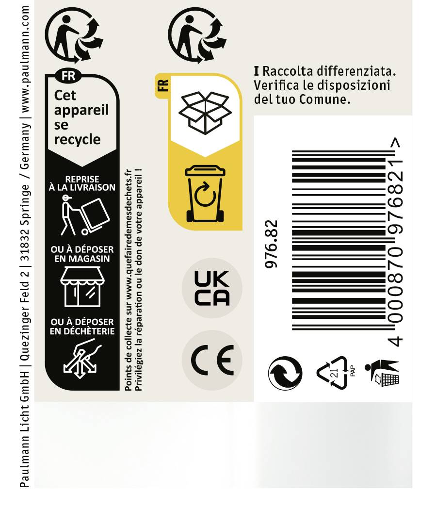 Etikett mit Recycling- und Barcode-Infos: 'Cet appareil se recycle', 'I Raccolta differenziata', Symbol für Mülltonne.
