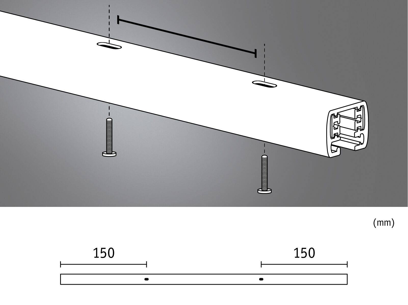 Diagramm zeigt die Montageanleitung für ein längliches Bauteil mit zwei Bohrungen für Schrauben. Abstand zwischen den Löchern beträgt 150 mm.