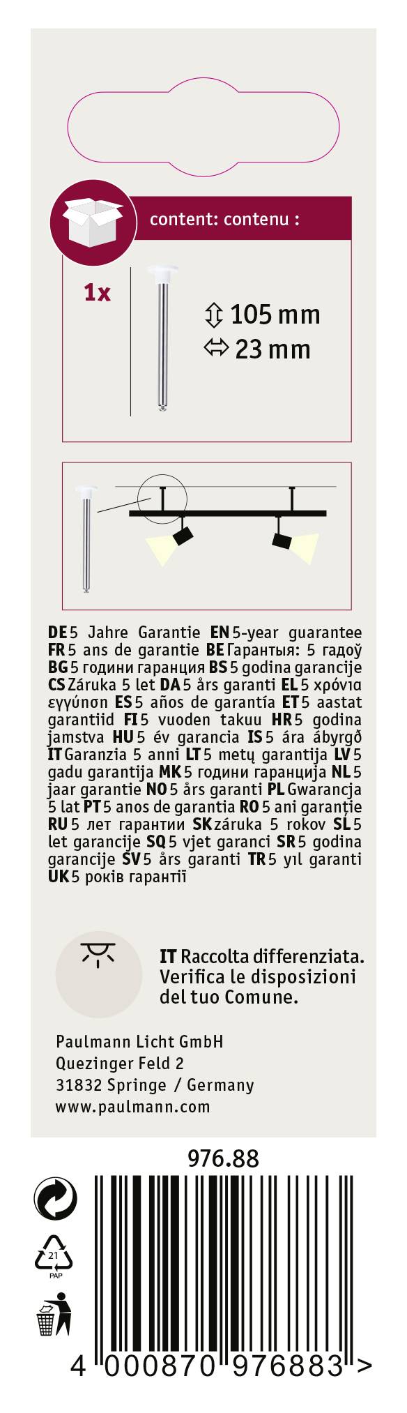 'Verpackungsetikett für eine Lampe: enthält eine Lampe, Durchmesser 105 mm, Länge 23 mm. 3 Jahre Garantie. Hersteller: Paulmann Licht GmbH, Springe, Deutschland.'