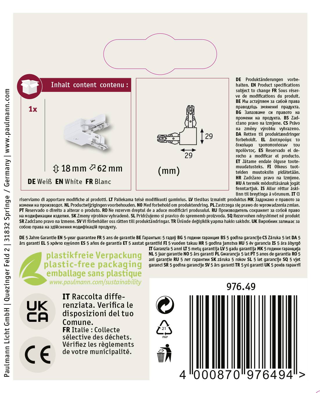 'Paulmann Licht' LED-Leuchtmittel-Verpackung. Enthält Abbildung des Produkts mit Maßen, mehrsprachigen Anweisungen, und Recyclinghinweisen.