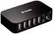 Ein schwarzer D-Link USB-Hub mit sieben Anschlüssen, verwendet zum Erweitern der USB-Konnektivität für mehrere Geräte gleichzeitig.