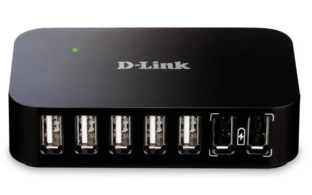 USB-Hub mit sieben Anschlüssen von D-Link, geeignet für das Anschließen mehrerer Geräte an einen Computer.