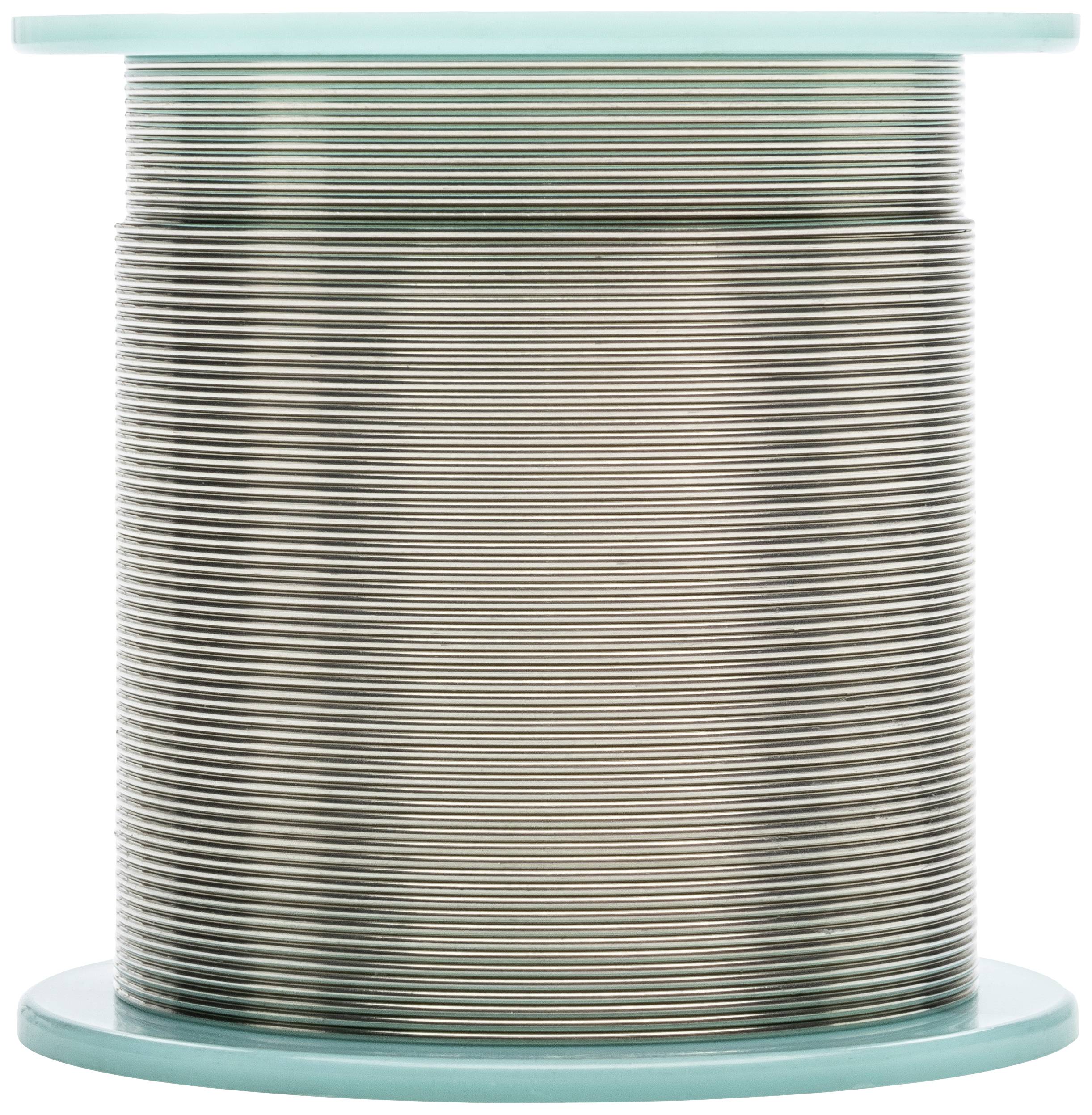 Eine Spule mit feinem, silbernem Draht auf einem cyanfarbenen Plastikboden und Deckel.