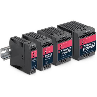 'Vier schwarze Traco Power Netzteile in Reihe. Jedes hat ein rotes Label mit Produktnummern: TPC 030-124, TPC 060-124, TPC 090-124, TPC 120-124.'