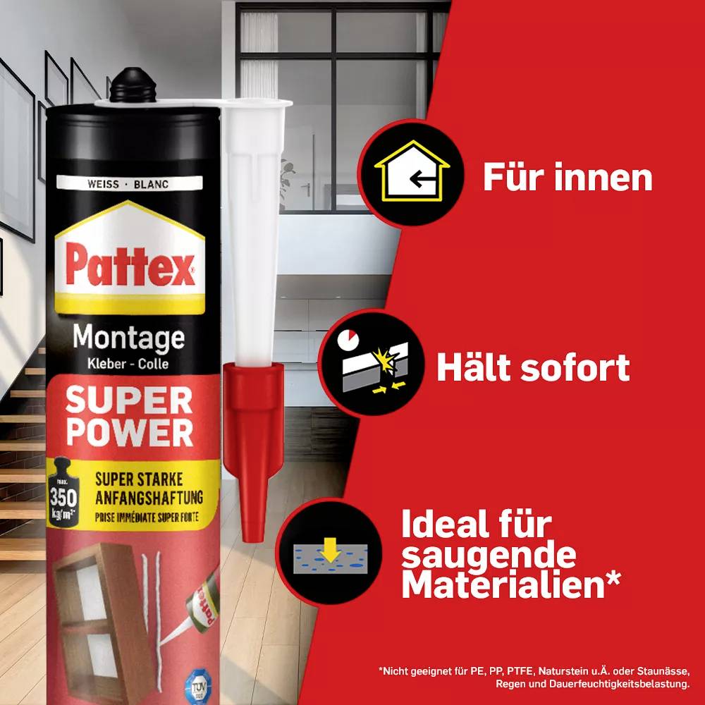 Kartusche mit Montagekleber, aufrecht stehend. Textpunkte: 'Hält sofort' und 'Ideal für saugende Materialien'. Innenraum-Hintergrund.