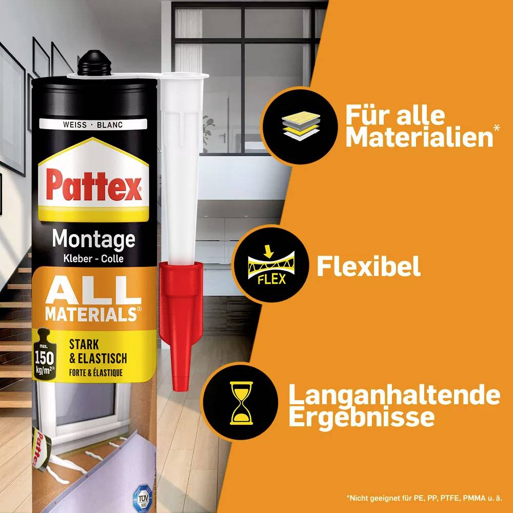 Eine Kartusche Pattex All Materials Montagekleber steht im Vordergrund. Text erklärt: 'Für alle Materialien', 'Flexibel', 'Erganhaltende Ergebnisse'.