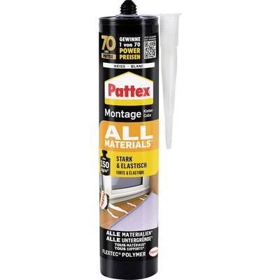 Ein Behälter Pattex Montage Kleber Colle Klebstoff mit der Bezeichnung „Alle Materialien" für starke und elastische Verbindungen. Mit einer Festigkeit von 150 kg/m².