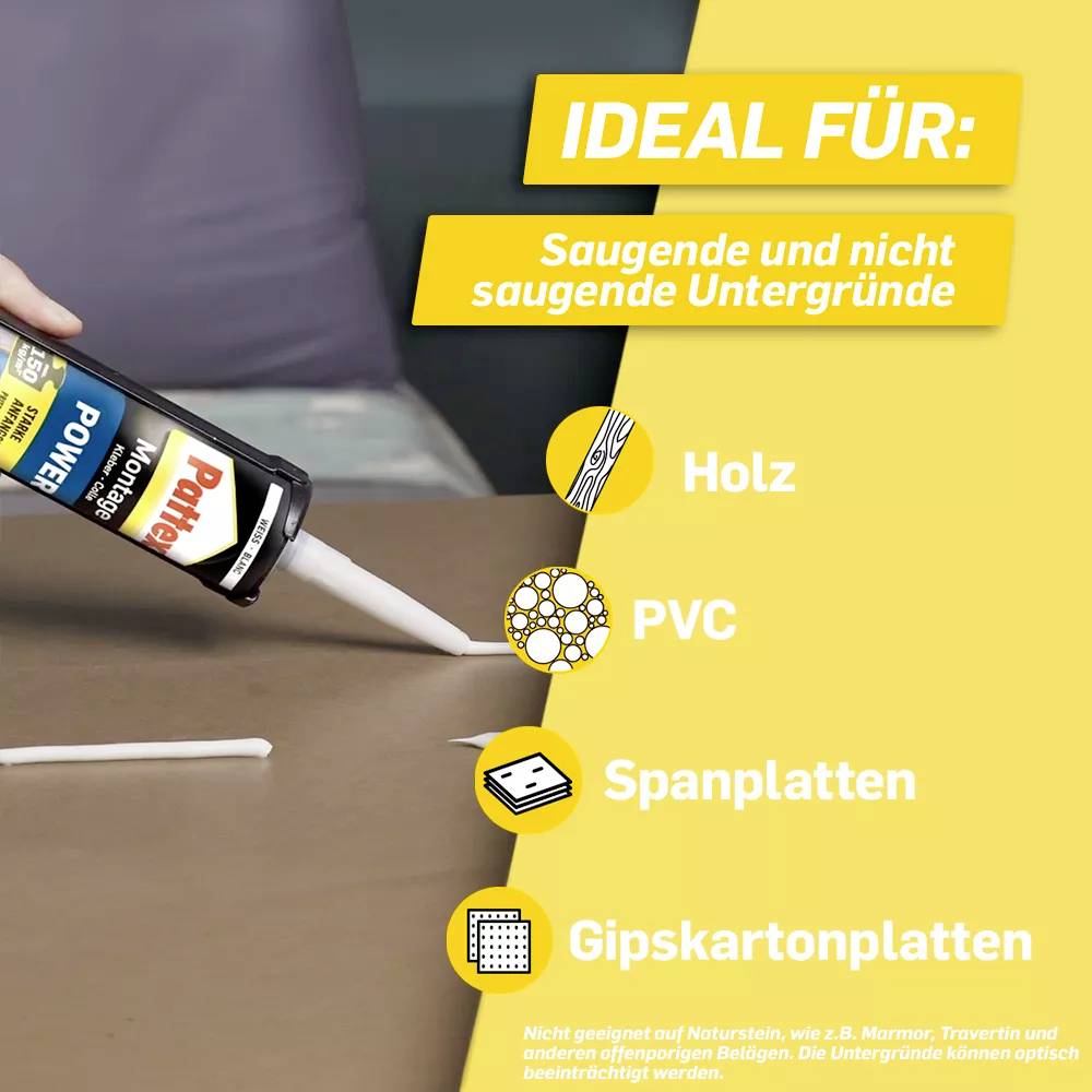 Eine Person benutzt eine Kartuschenpistole mit Kleber auf einer Holzoberfläche. Text beschreibt die Eignung für verschiedene Materialien.