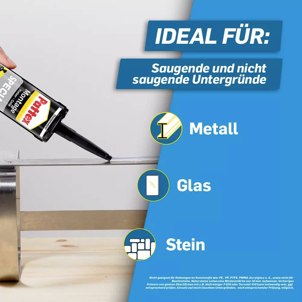 Eine Klebepistole füllt einen Spalt mit einer Dichtung. Text betont: 'Ideal für Metall, Glas und Stein'.
